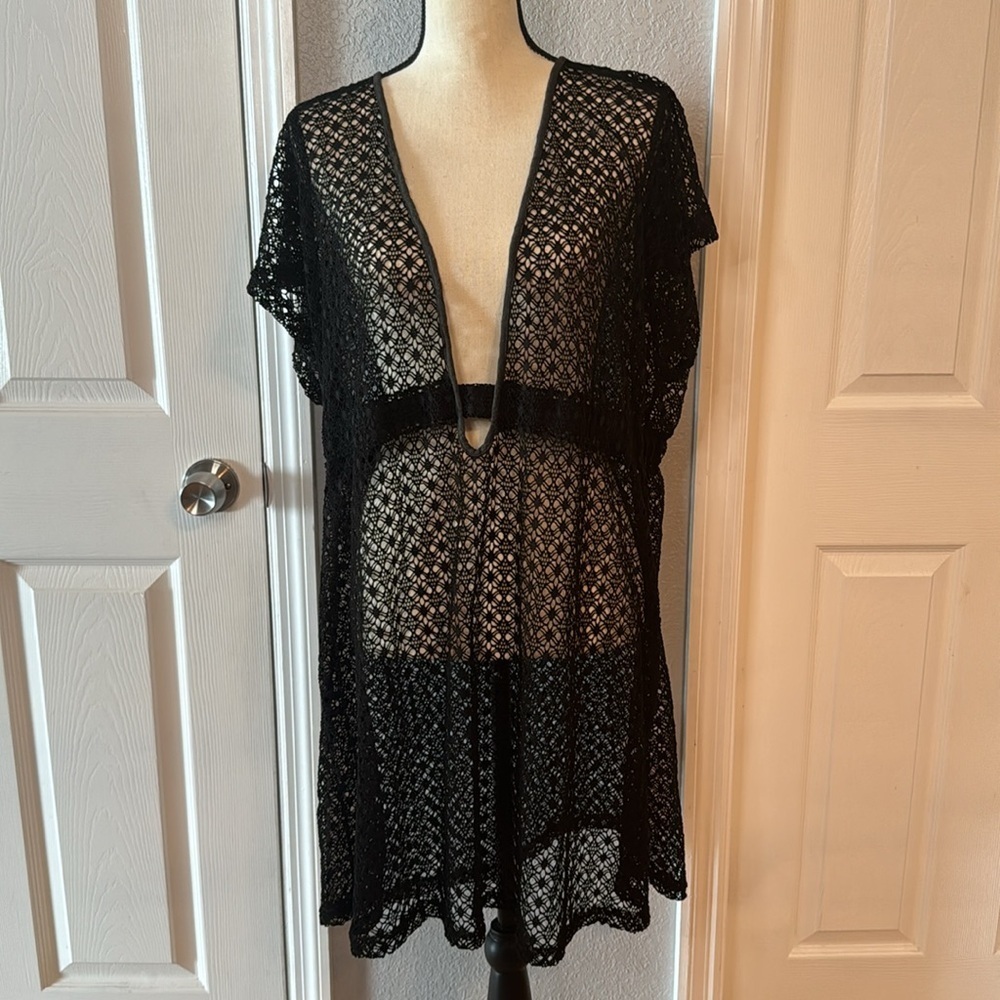 Club Z Collection Black Crochet Low Cut Swim Coverup. Sz 2x
